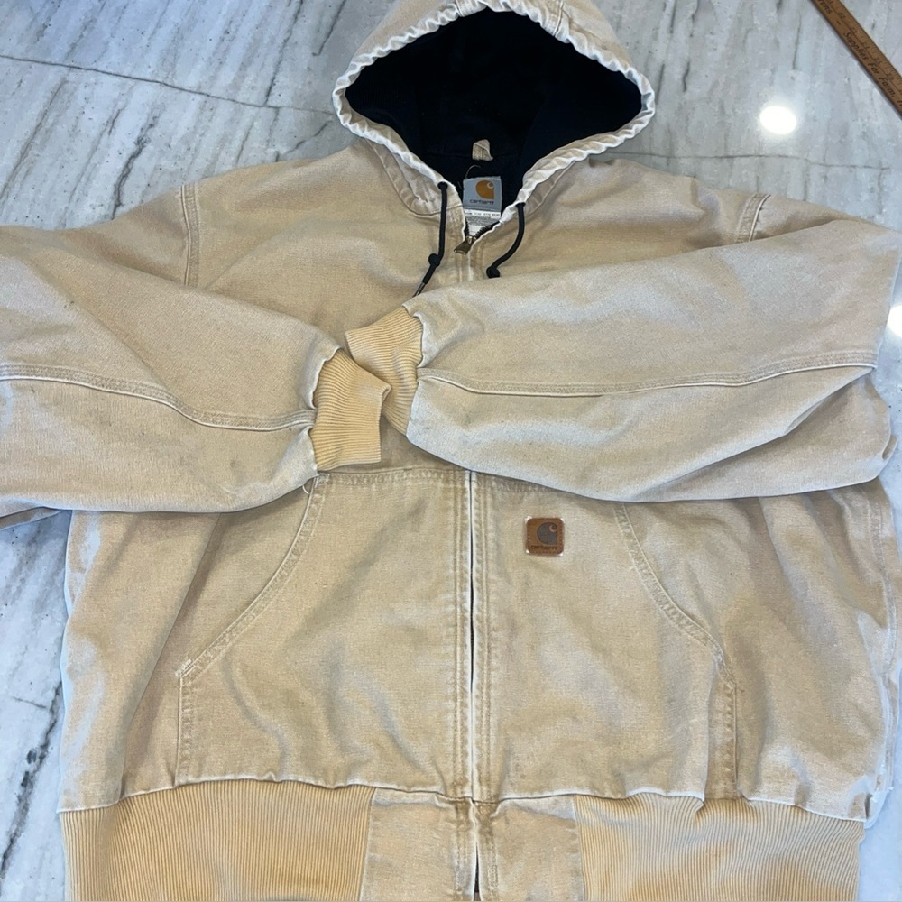 Vintage Carhartt Jacket J25 WET Tan Khaki Hooded Thermal Lined Work Coat 2XL XXL